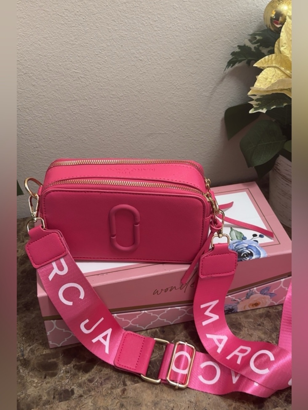 Bright Hot Pink Crossbody Camera Bag with Logo Strap